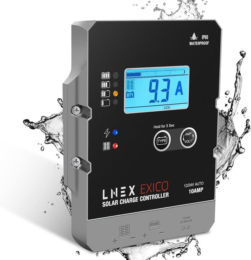 LNEX تحكم شحن شمسي مقاوم للماء، 10A منظم بطارية فائق النحافة مع شاشة LCD 12V/24V وحدة تحكم PWM لبطاريات LiFePO4 وAGM وGel وFlooded وLithium - Image 1